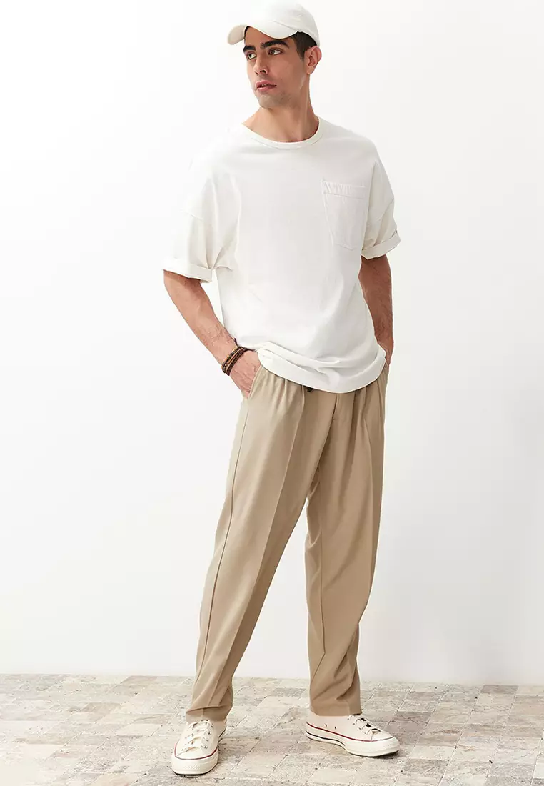 Beige Pleated Classic Baggy Fit Fabric Trousers TMNSS24PL00024