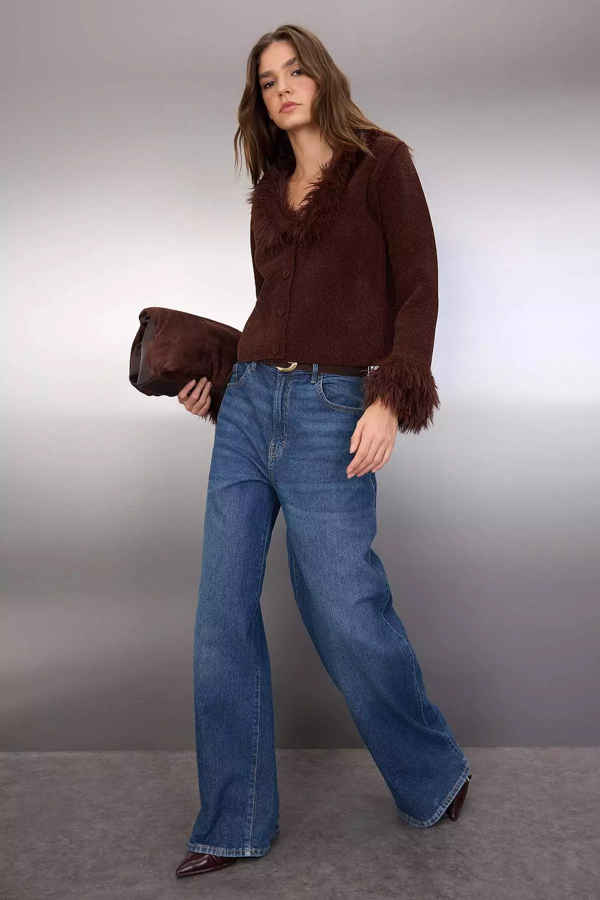 Brown Special Yarn Otris And Fur Detailed Knitwear Cardigan