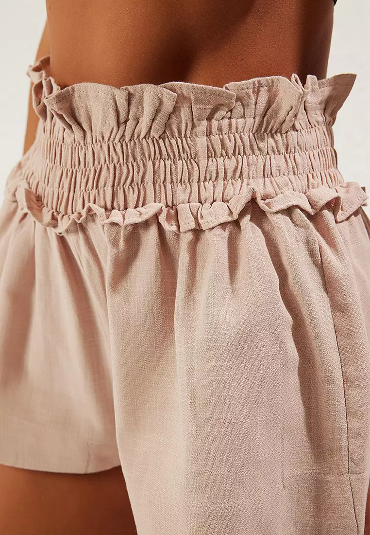 Beige Woven Ruffle Flamed Cotton Beach Shorts