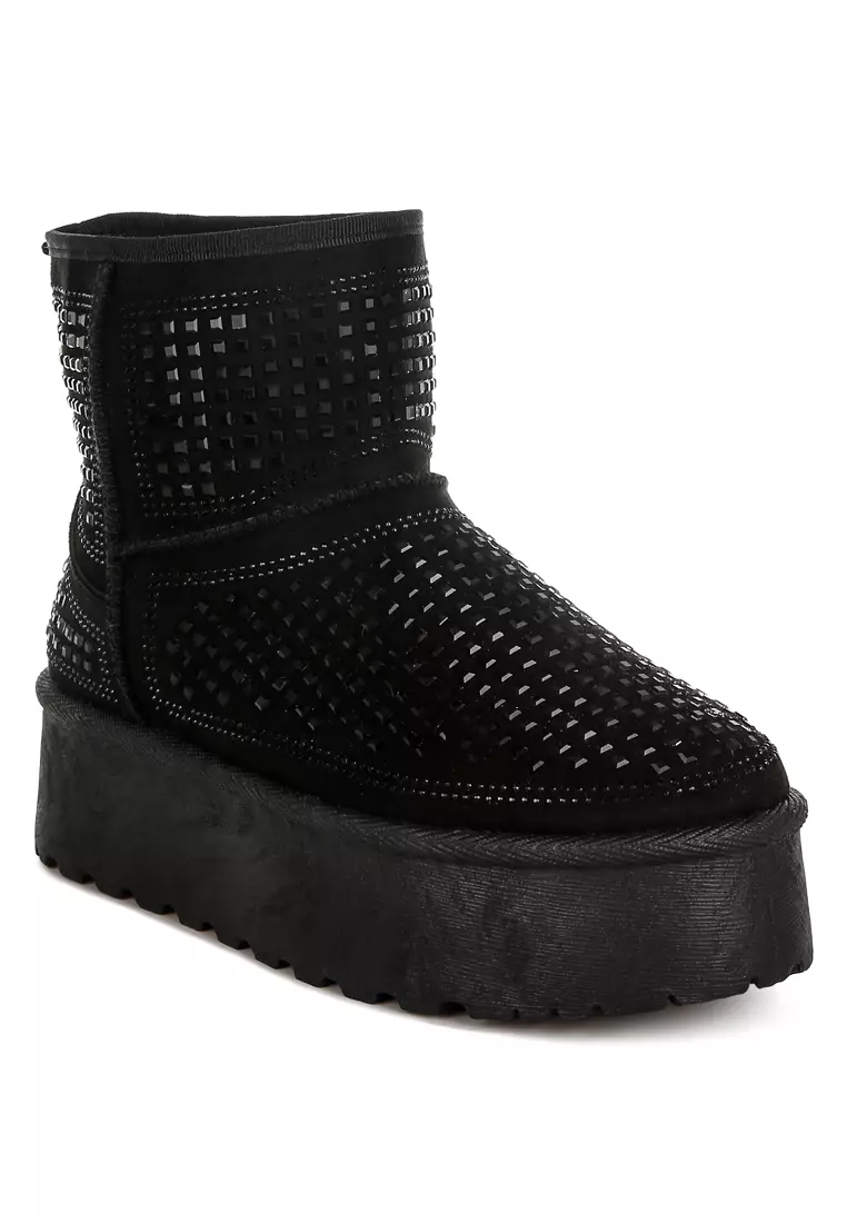 Chunky Rhinestones Ankle Boots in Black