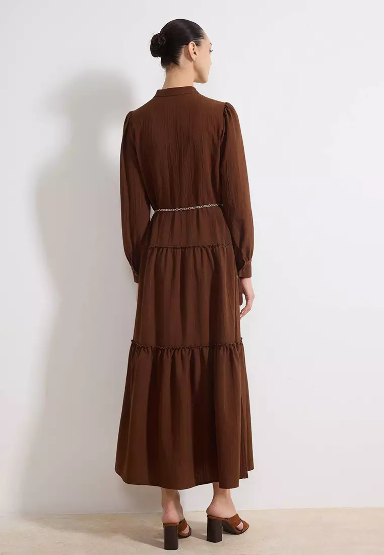 Brown Textured Fabric Chain Belt Detailed Woven Dress Tctss26Eb00034
