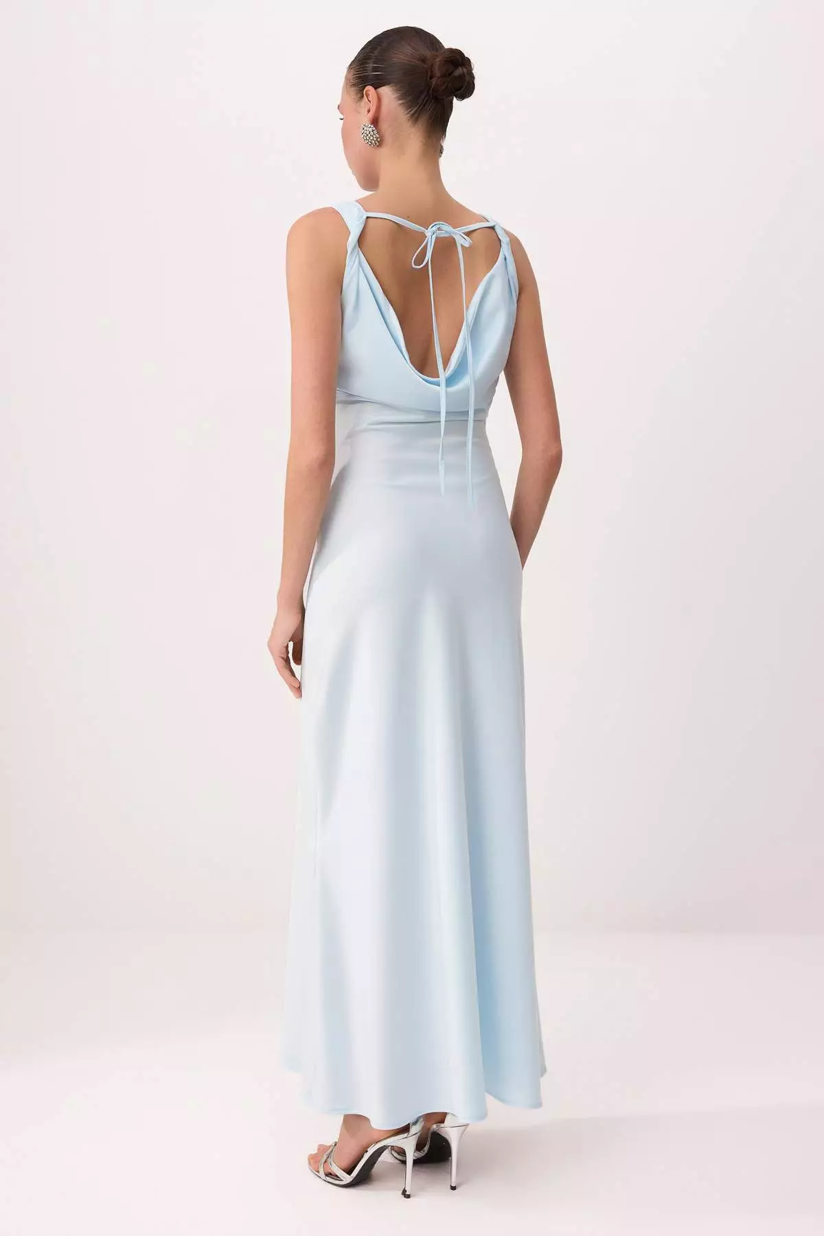 Light Blue Plain Weave Satin Maxi Unlined Stylish/Evening Dress