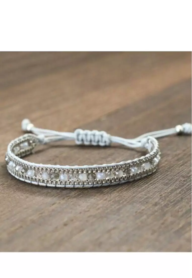 Aksesoris Gelang Wanita Crystals Beads Embellish Macrame Bracelet White