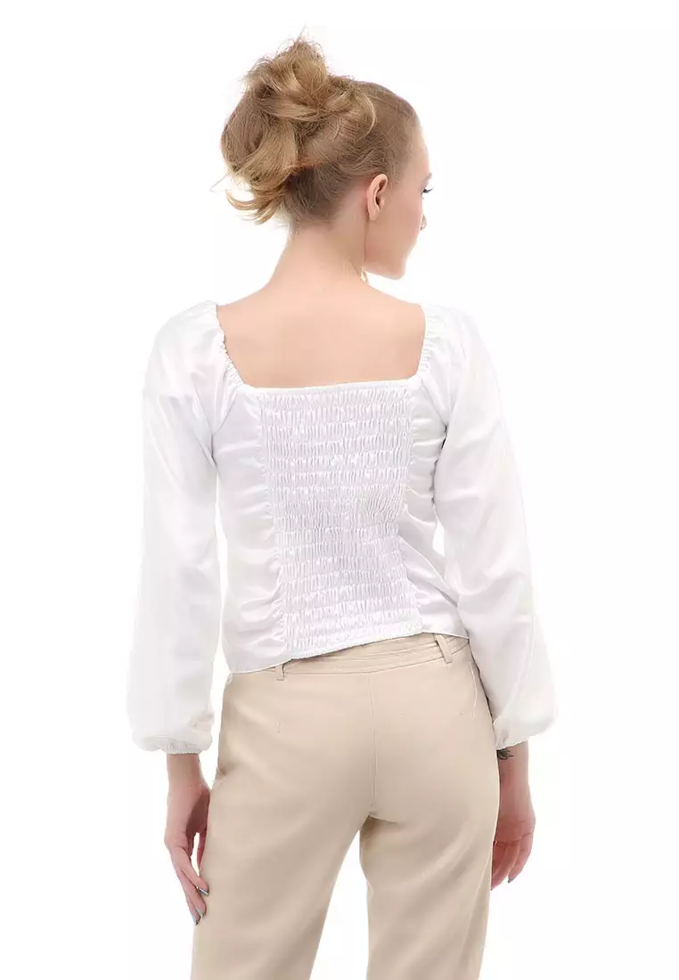 Cheva Blouse Casual Wanita Sabrina Kerut Dada Lengan Panjang Material Satin ORIGINAL - White