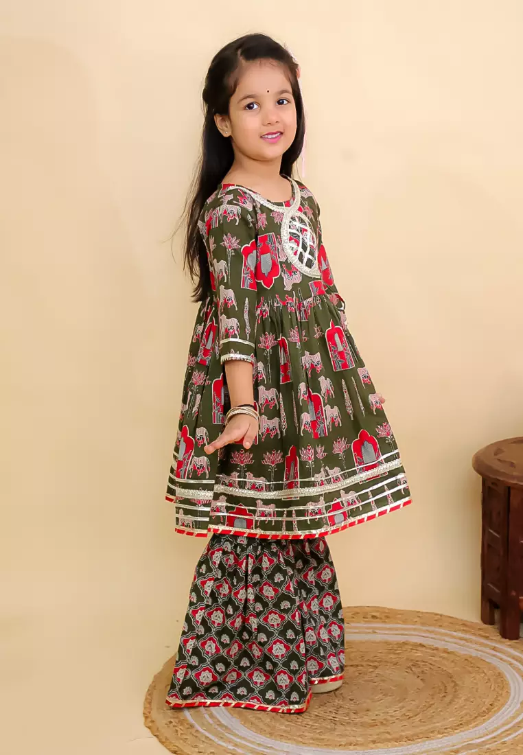 The Mom Store Girls Madhu Mala Anarkali Kurta Sharara Set - Green