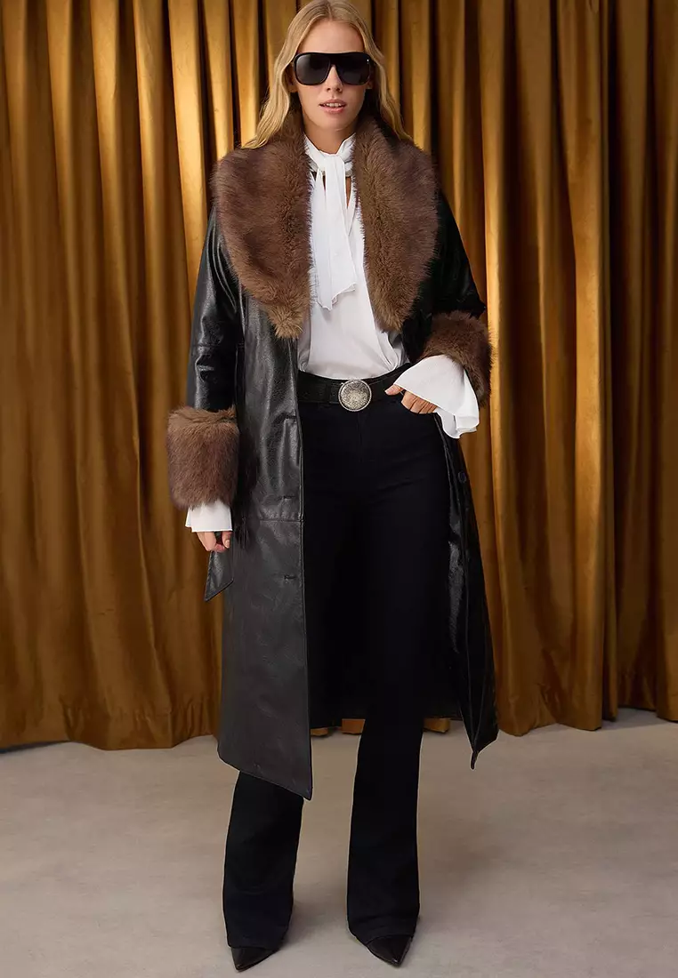 Special Collection Black Faux Leather Fur Detailed Mono Closure Oversize Long Coat