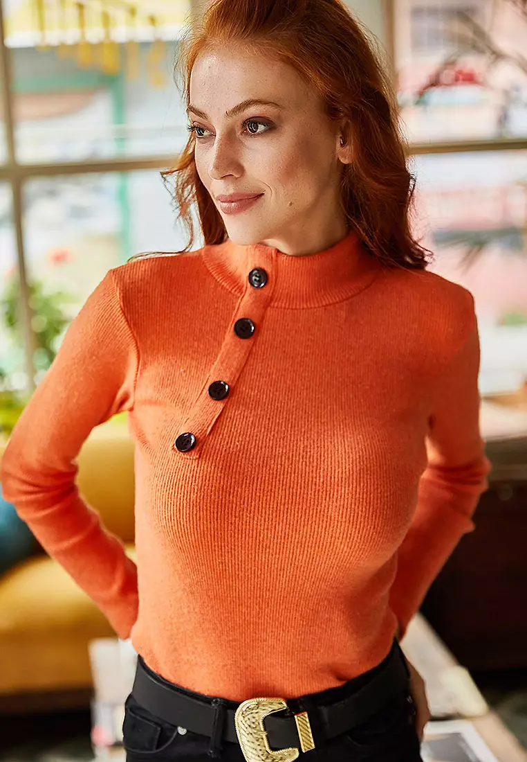 Buy Olalook Orange Button Detailed Half Turtleneck Lycra Blouse 2024