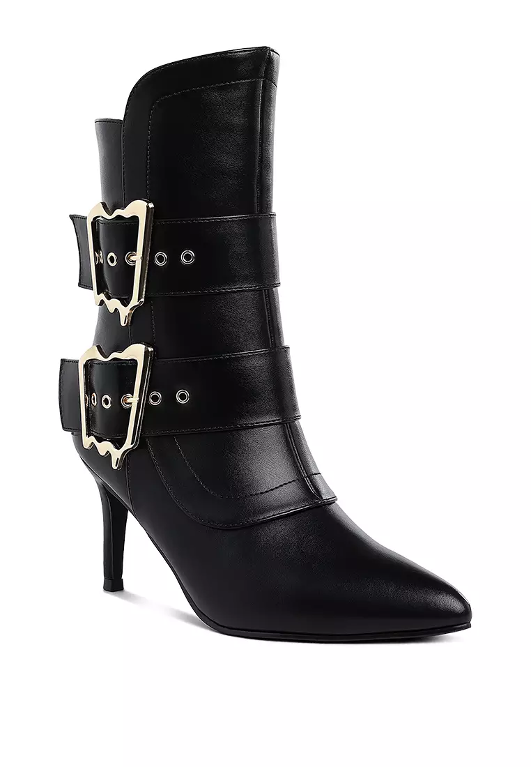 Chunky Buckle Strap Ankle Boots in Black