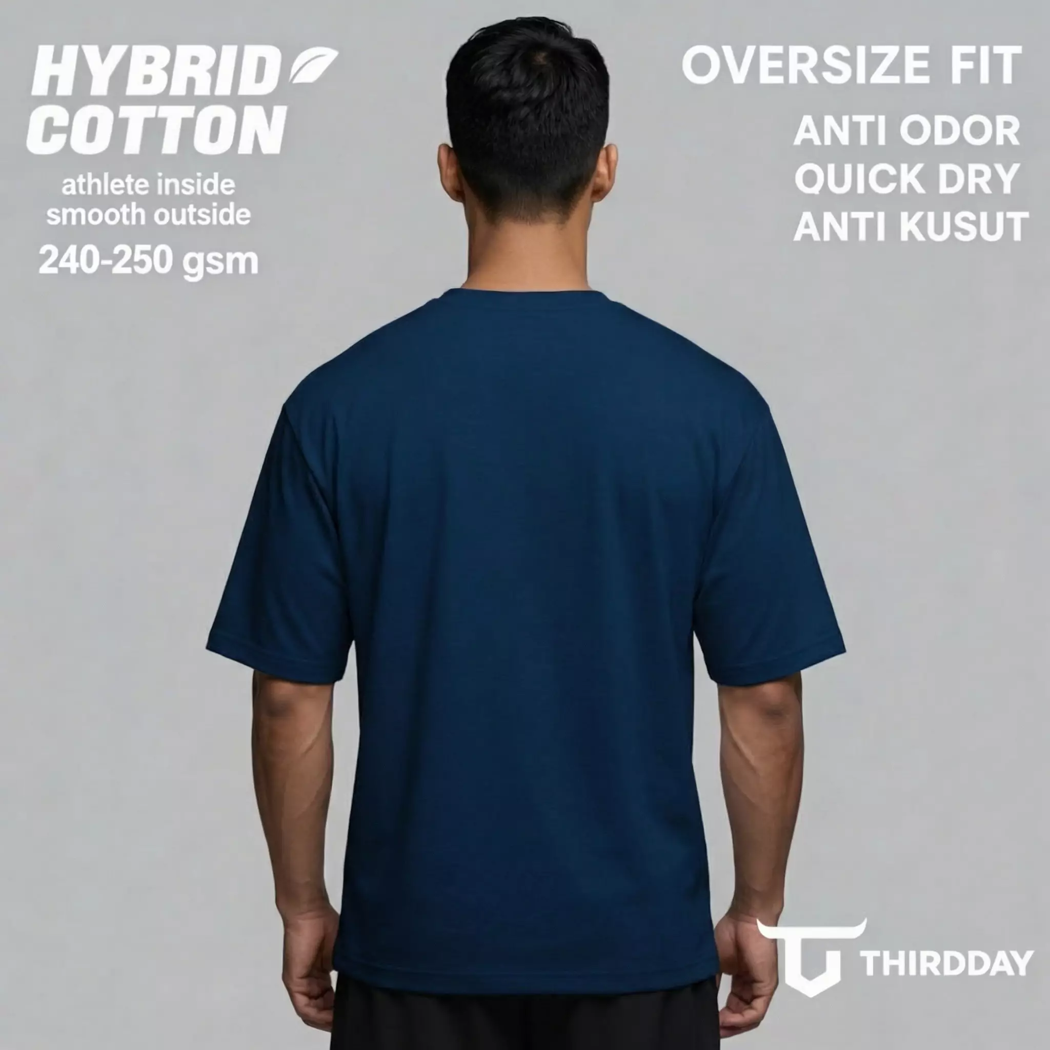 THIRDDAY Kaos Oversize Gym Hybrid Cotton Pria Premium | Kaos Gym & Casual Adem Anti Bau, 240 gsm Tebal, Clean Look Activewear Eksklusif | Hustle Navy MTZ81