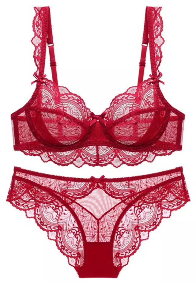Buy Sunnydaysweety Lace Ultra-Thin See-Through Underwire Bra with Panty Set  CA123109DGRD Online