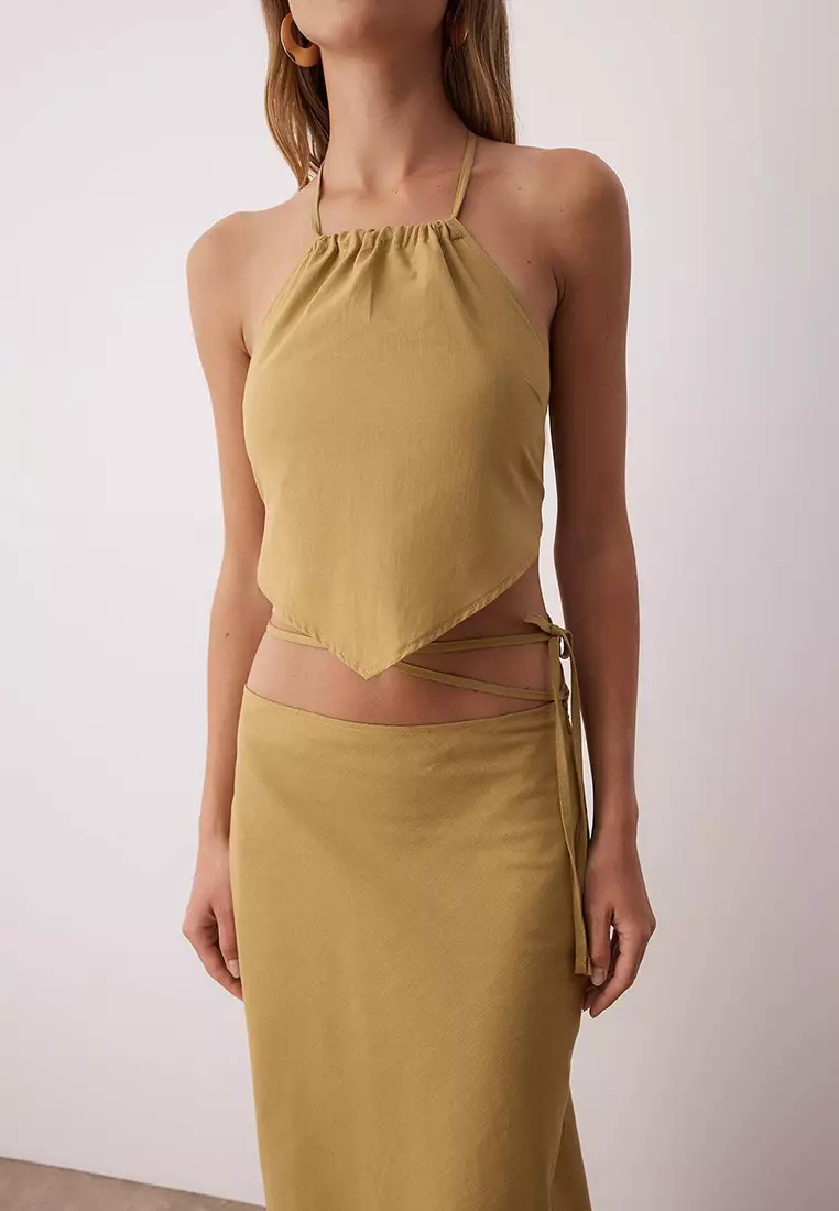 Khaki Woven Halter Neck Back Detail Beach Blouse Skirt Suit Tbess25Au00089