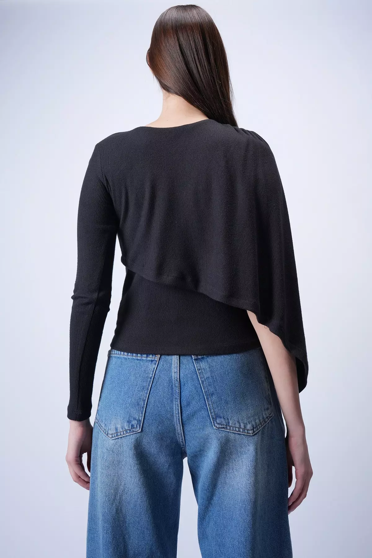 Women'S Black Single Sleeve Fixed Shawl Design Knitted Crop Blouse Alc-X15041