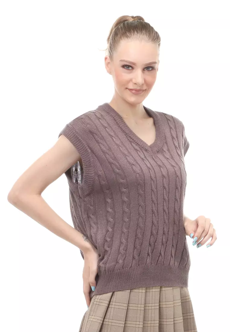 Urice Vest Rajut Atasan Wanita V-neck Sleeves Design Elegant - Burgundy