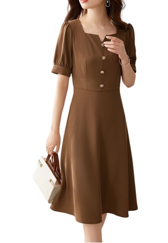OUNIXUE brown French Square Neck Waist Dress EF4E2AA052372EGS_1