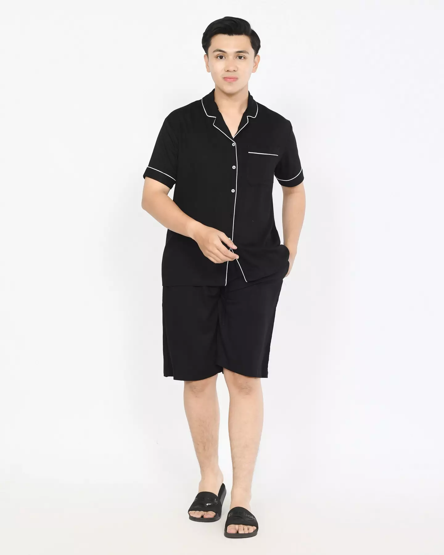 Setelan Piyama Lengan Pendek Dio [HITAM] Baju Tidur Katun Pria Size L-XXL Polos
