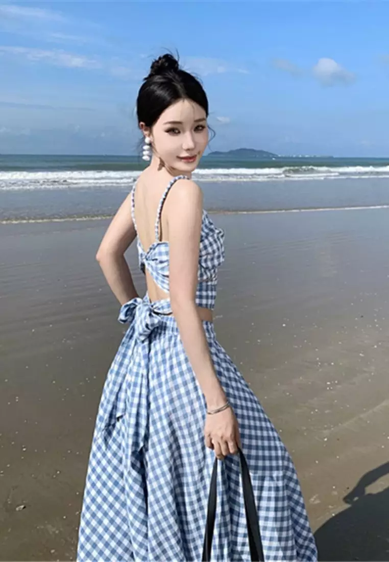 2025 New Blue and White Plaid Backless Bowknot Camisole Skirt Two-piece Dress K071104