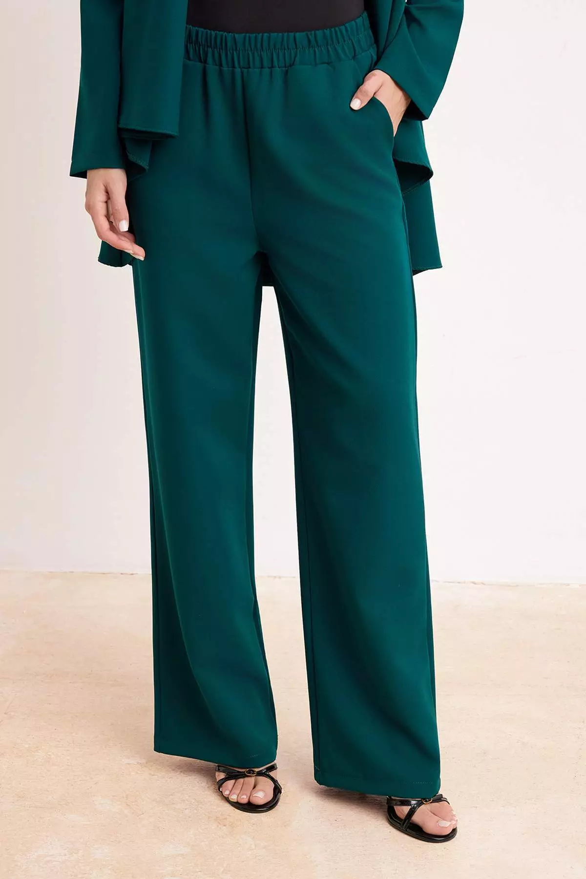 Emerald Green Belt Piece Woven Jacket - Pants Bottom - Top Set Tctss26Us00025