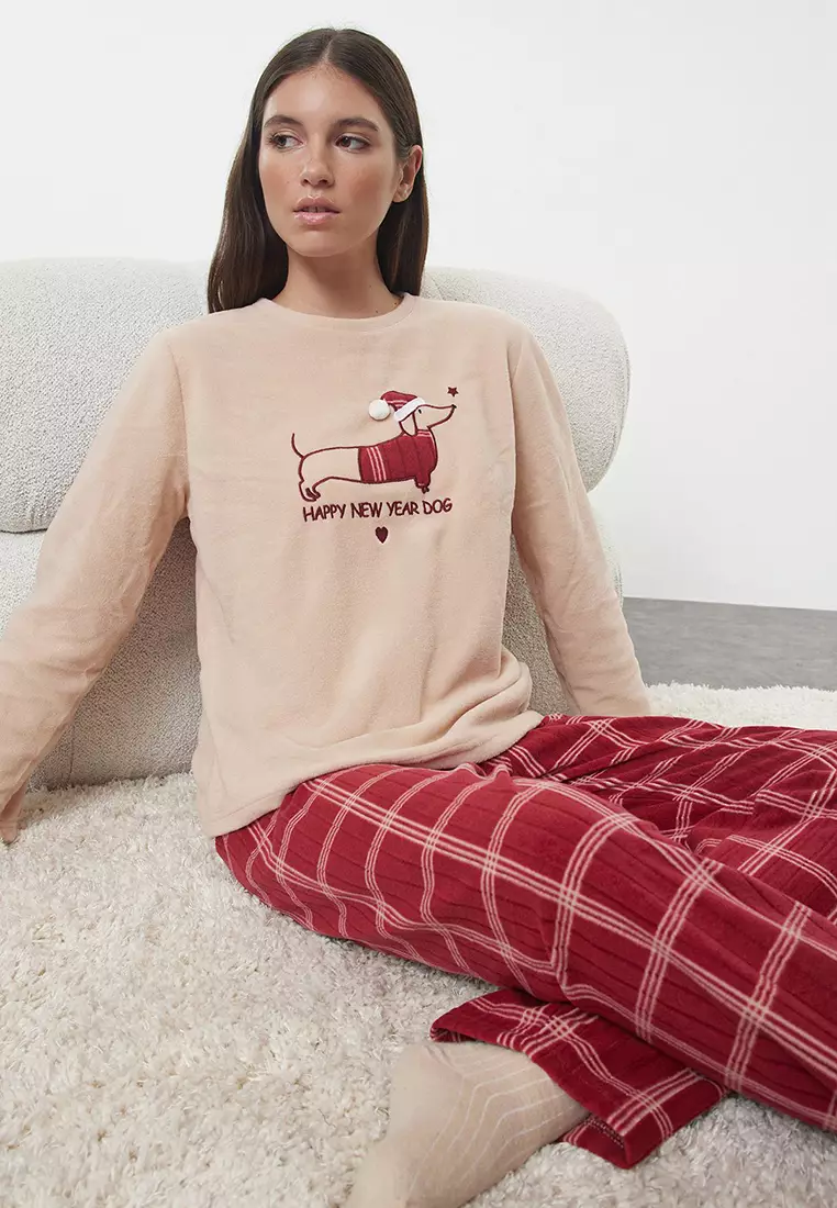 Salmon Plaid Christmas Themed Polar Fleece Winter Knitted Pajama Set Thmaw25Pt00137