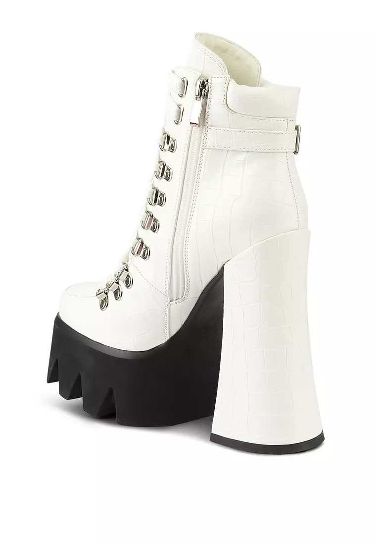 Buy London Rag White High Platform Block Heel Lace Up Biker Boots