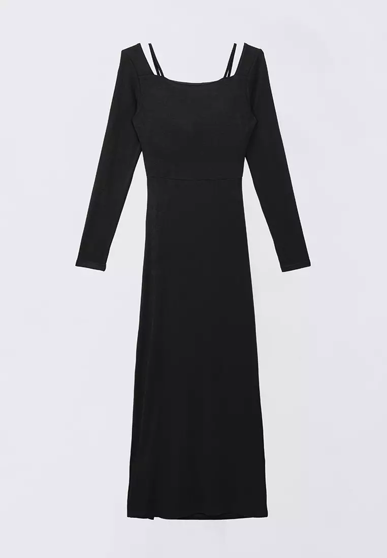 Square Neck Long Sleeves Midi Dress