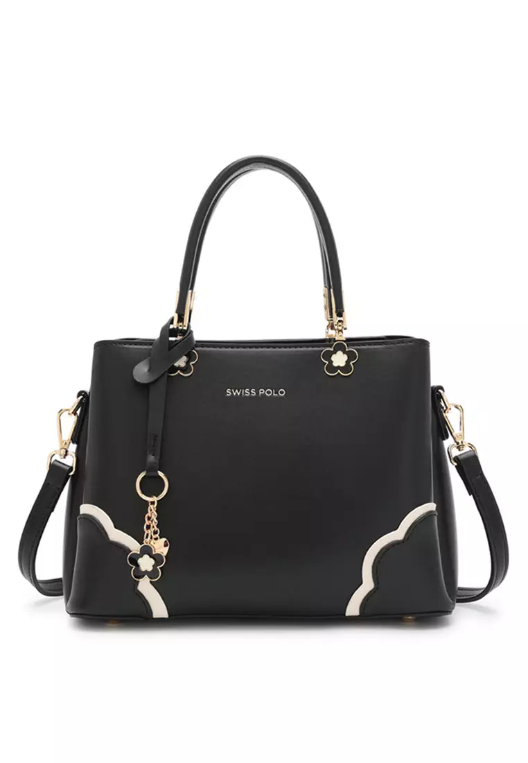 Women's Floral Detail Top Handle Bag / Sling Bag / Crossbody Bag - Black