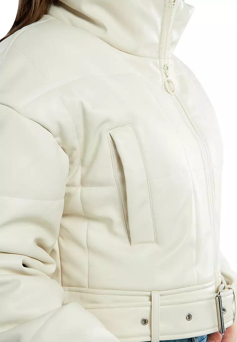 Cream Cropped Belted Puffer Jacket
