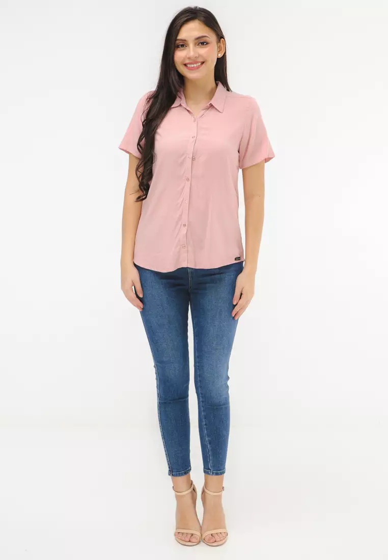 Woven Plain Rayon Short Sleeves Blouse