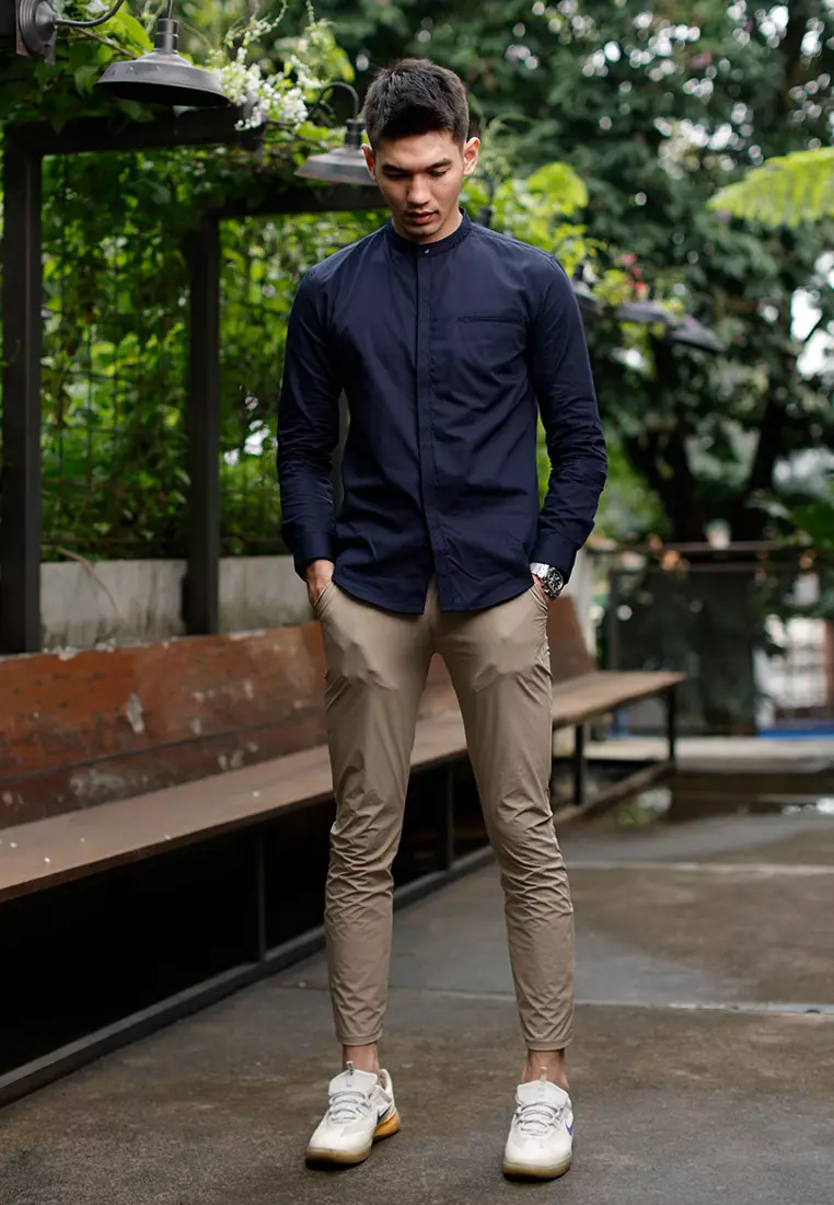 OXCON Kemeja Tangan Panjang koko bordir embrodiery collarless shirt Navy