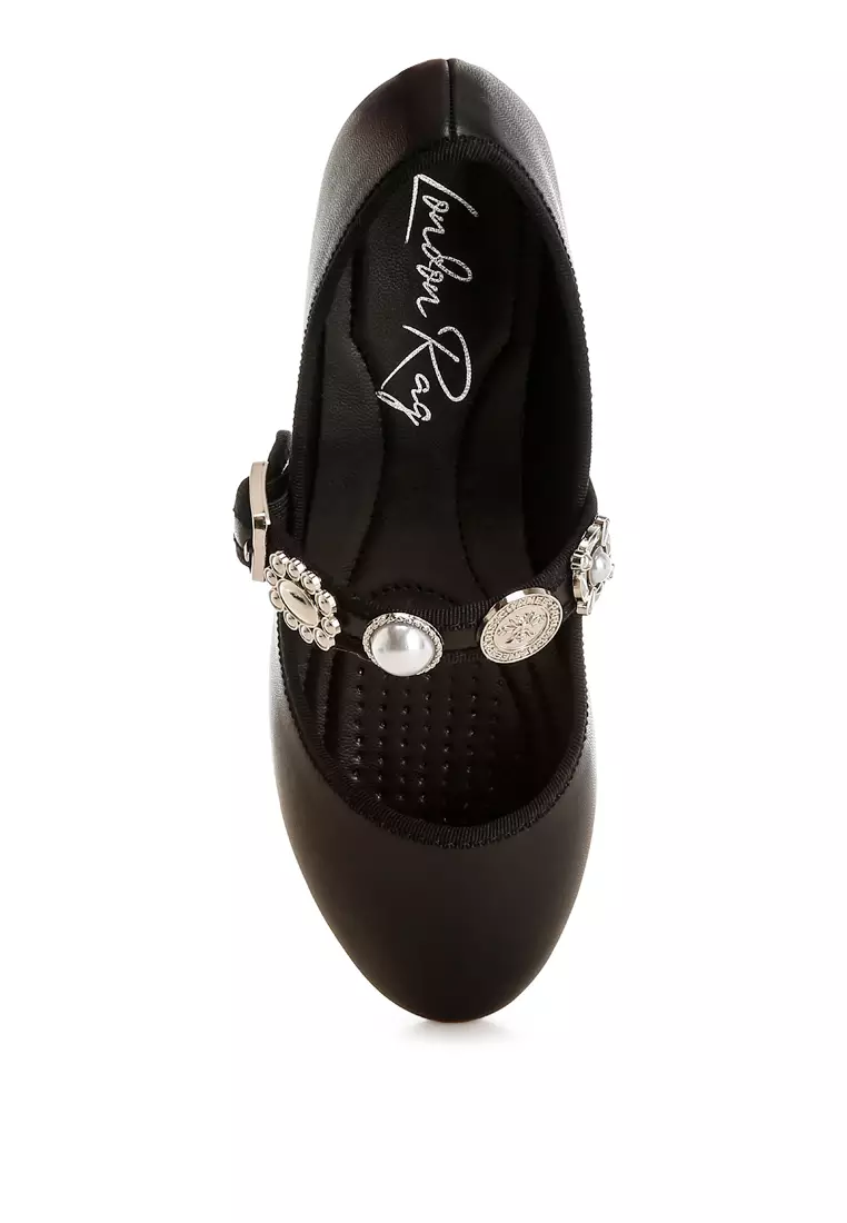 Charms Embellished Flat Mary Janes in Black