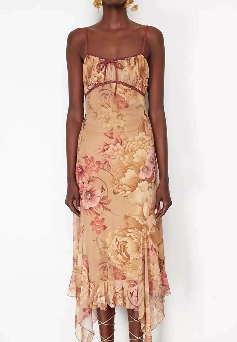 Multicolored A-Line Floral Patterned Ruffle Knitted Tulle Dress TPRSS24EL00133