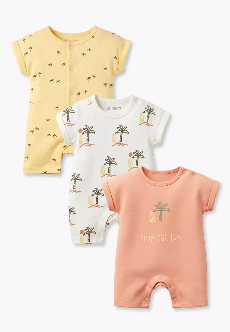 Babyshop Pack Of 3 Juniors Round Neck Short Sleeves Romper With Snap Button Closure