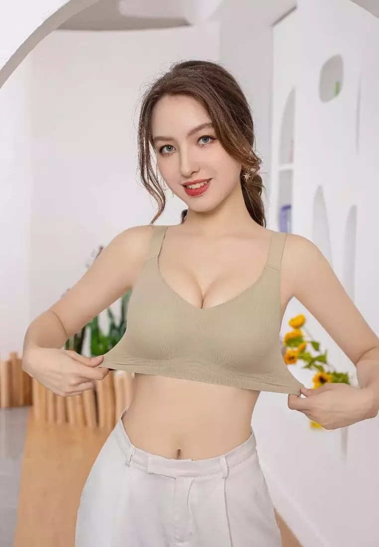 3 Pack Premium Melissa Seamless Wireless Padded Support Bra in Nude, Blue and Green