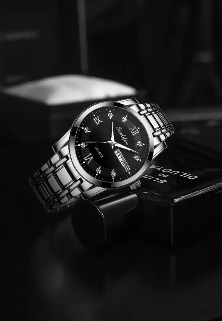 Jam Tangan Pria 9010 Kalender Kuarsa Tali Stainless Steel Bisnis Santai Jam Tangan Cowok silver black