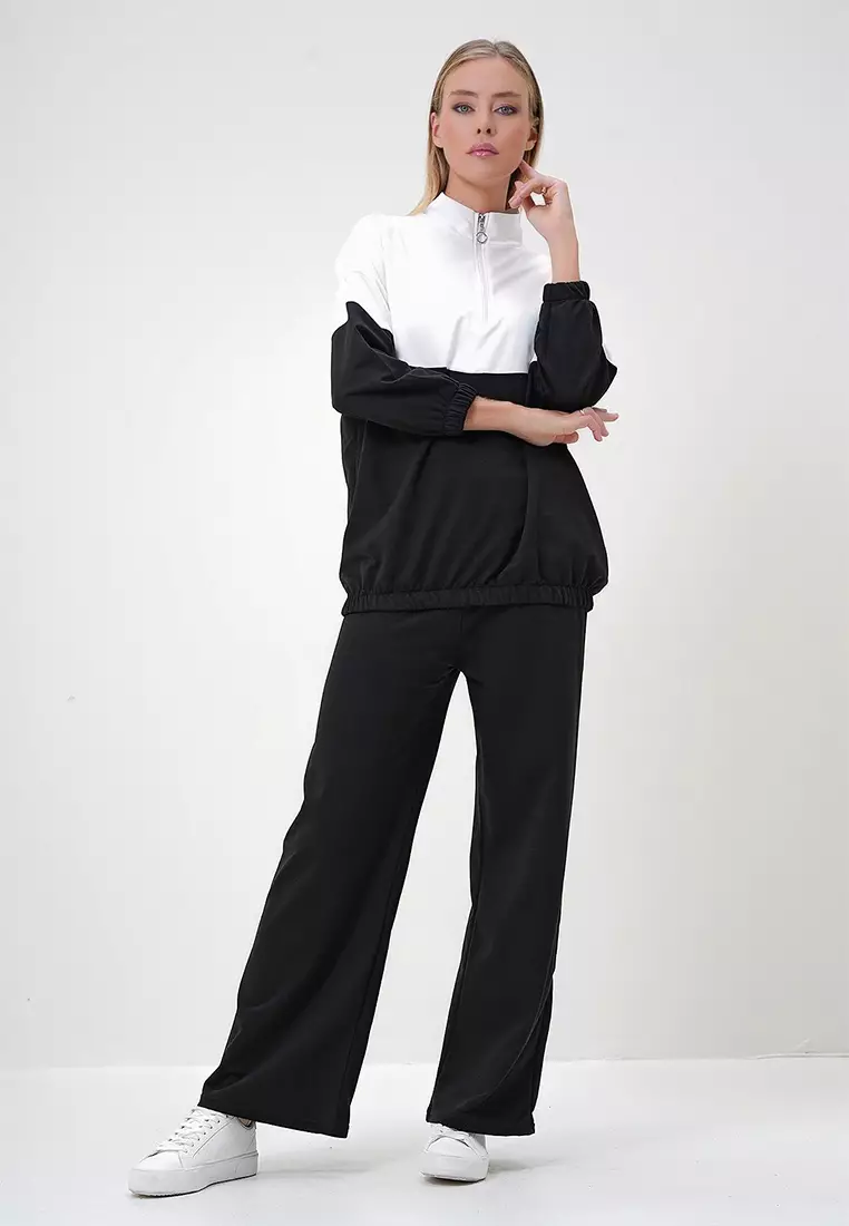 Women's Black Stand Collar Zippered Color Block Two Thread Top-Bottom Set Alc-X12887