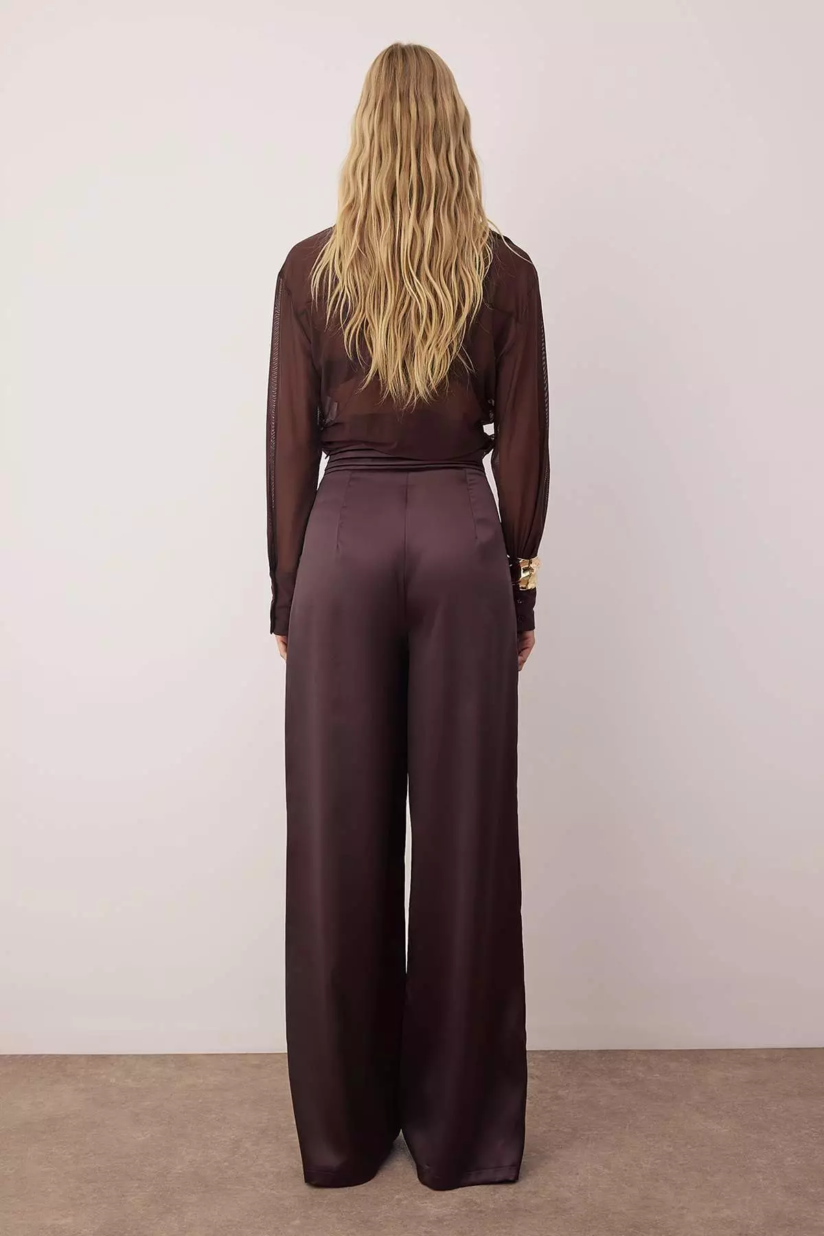 Brown Plain Woven Satin Dressy/Evening Trousers Tprss23Pl00001