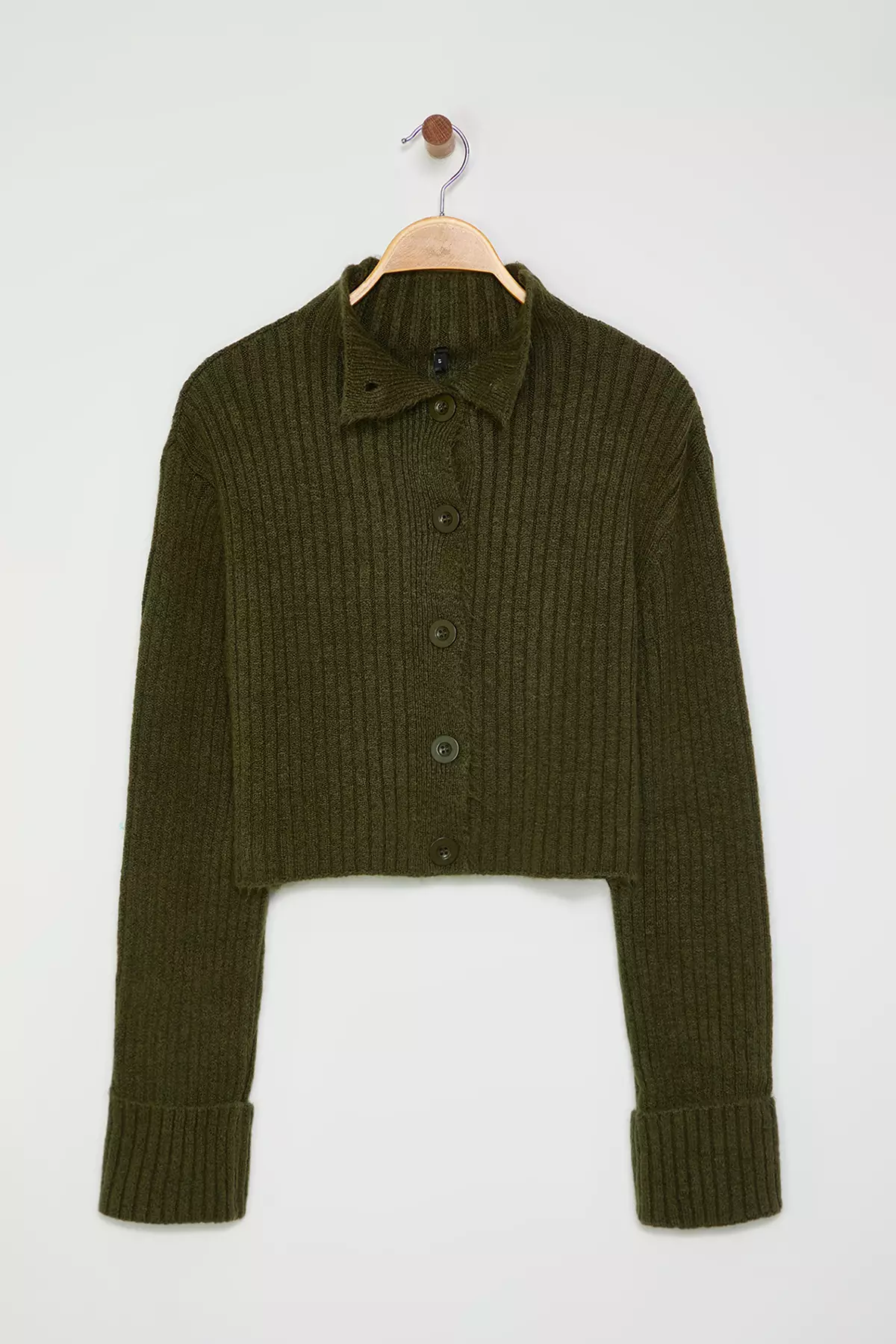 Khaki Crop Soft Textured Stand Collar Knitwear Cardigan TWOAW22HI0174