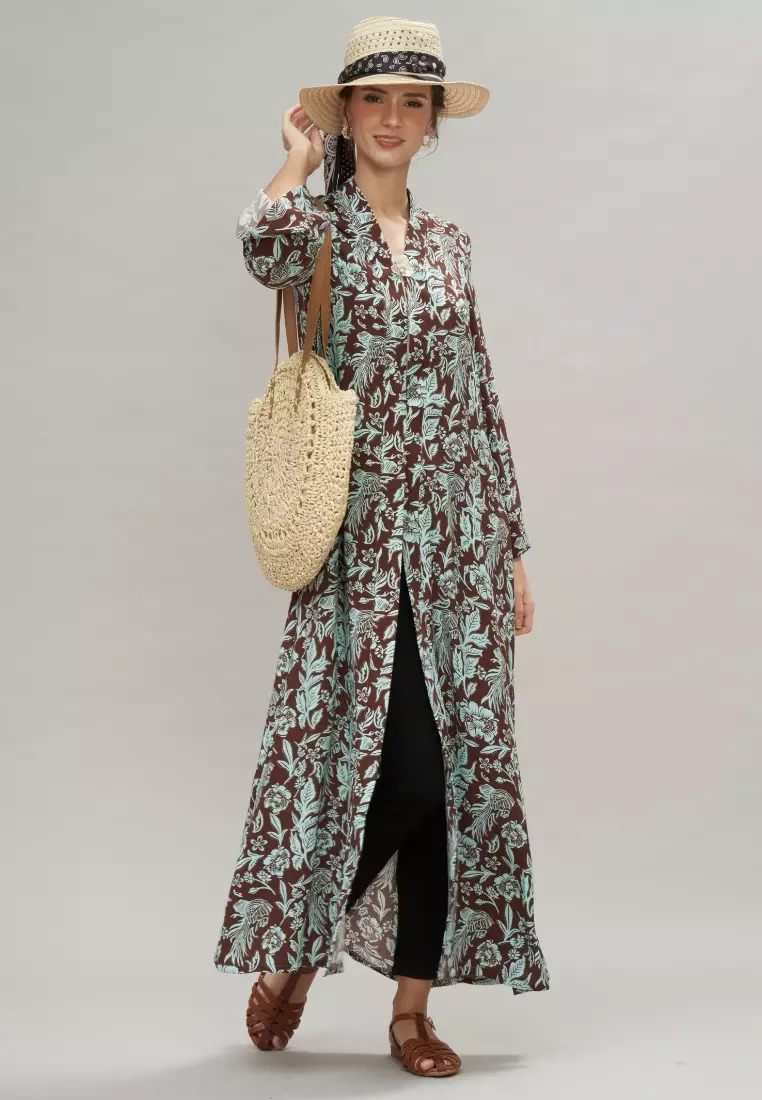 Teal Brown Floral Modern Abaya with Free Flower Brooch