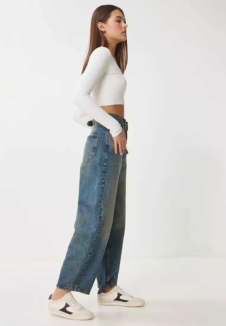 Women's Blue High Waist Faded Effect Baggy Jeans Ut00027