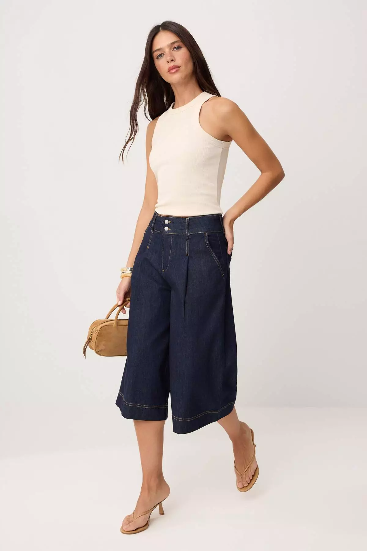 Dark Blue High Waist Wide Leg Capri Jeans Twoss26Je38