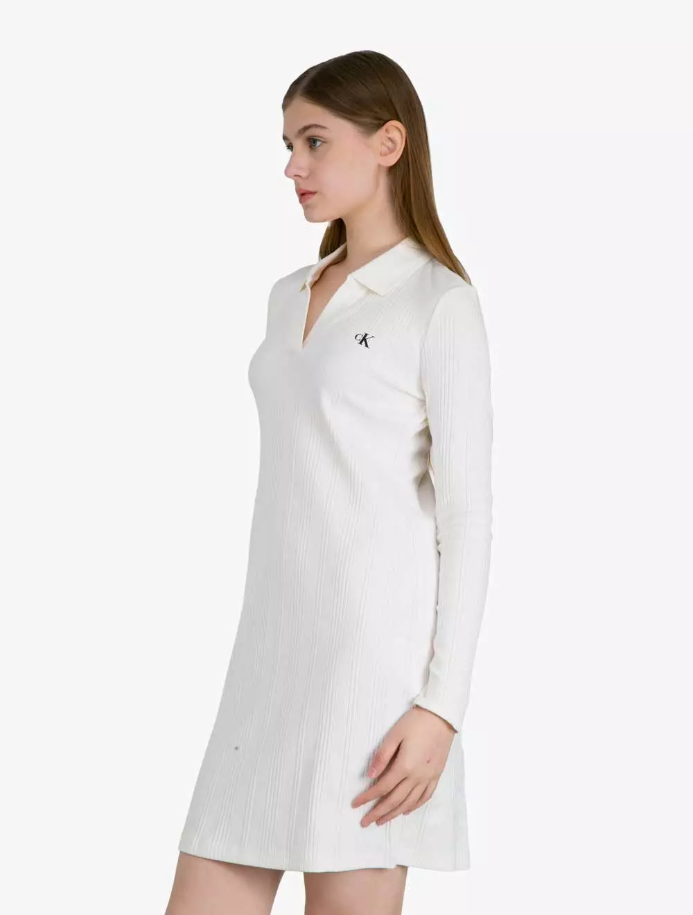 Calvin Klein Jeans - CK Logo Rib Long Sleeve Polo Dress - White - white
