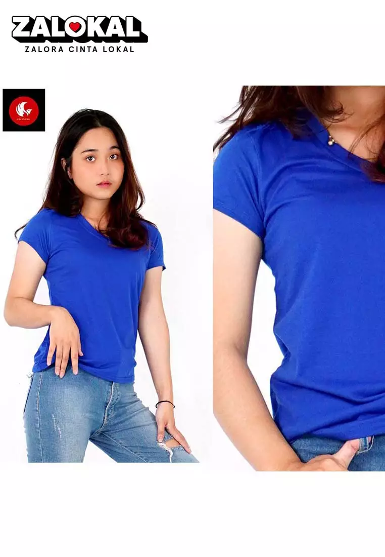 OKECHUKU Vioree T-Shirt V-Neck Oblong Polos Tangan Pendek Kaos Wanita Leher V - Biru