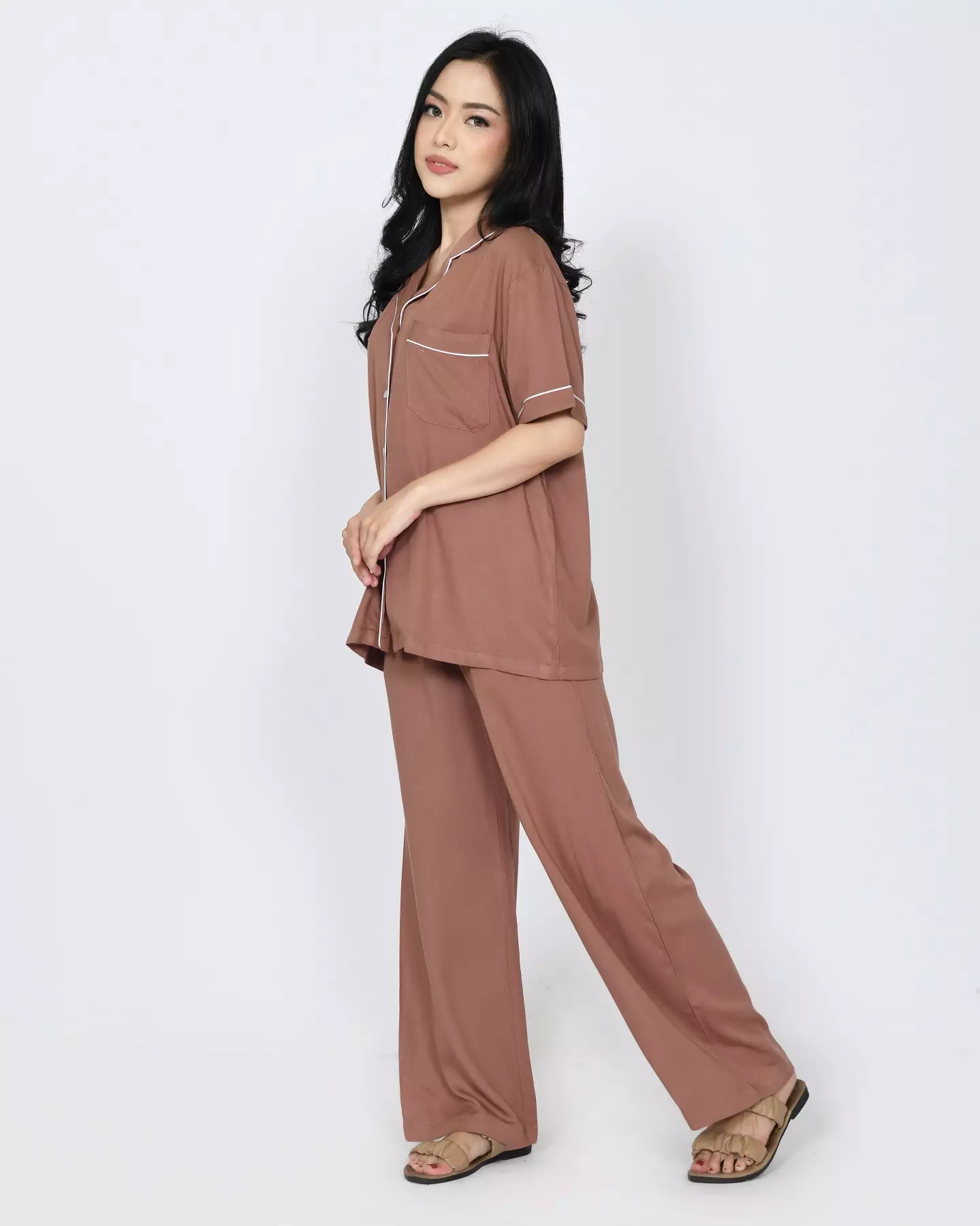 S/S COUPLE PIYAMA COTTON TENCEL Setelan Baju Tidur Pria Wanita COKLAT