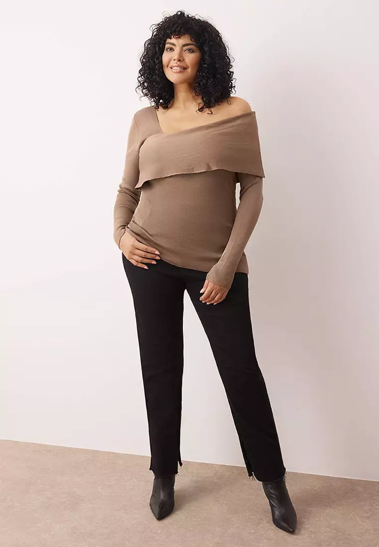 Mink Asymmetric Collar Body Hugging Slim Knitwear Sweater Tbbaw24An00018