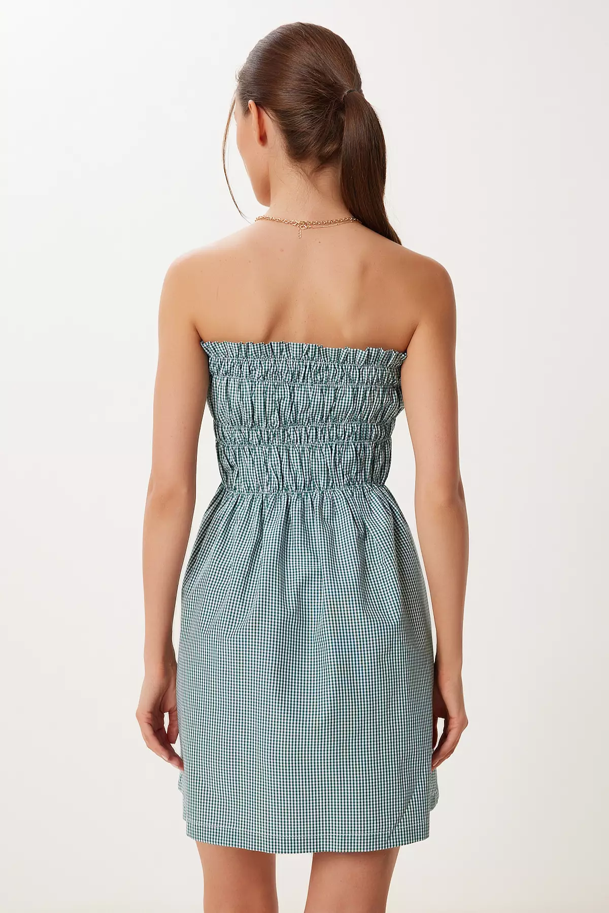 Women's Green Check Strapless Mini Woven Dress Fk00043