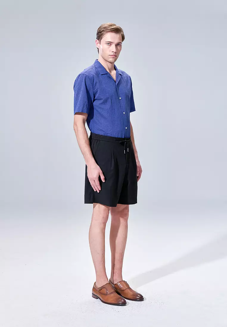 Black Linen Blend Drawstring Casual Shorts