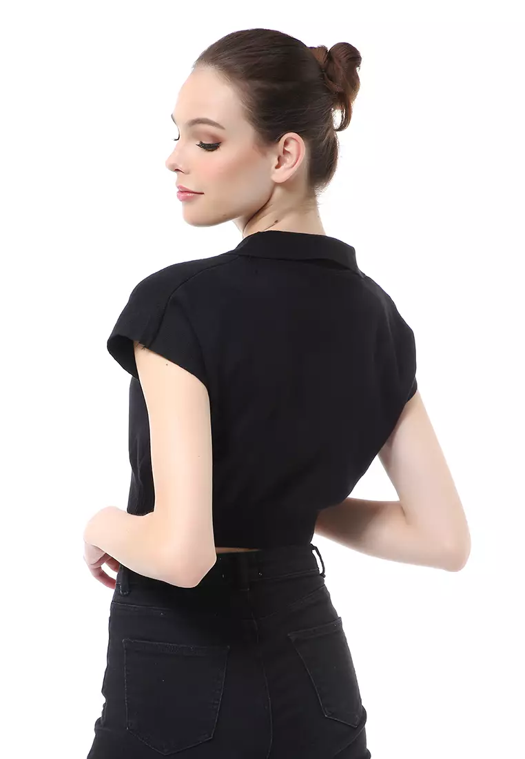 Albertine Atasan Crop Wanita Lengan Pendek Blouse Kerah Material Rajut ORIGINAL - Black