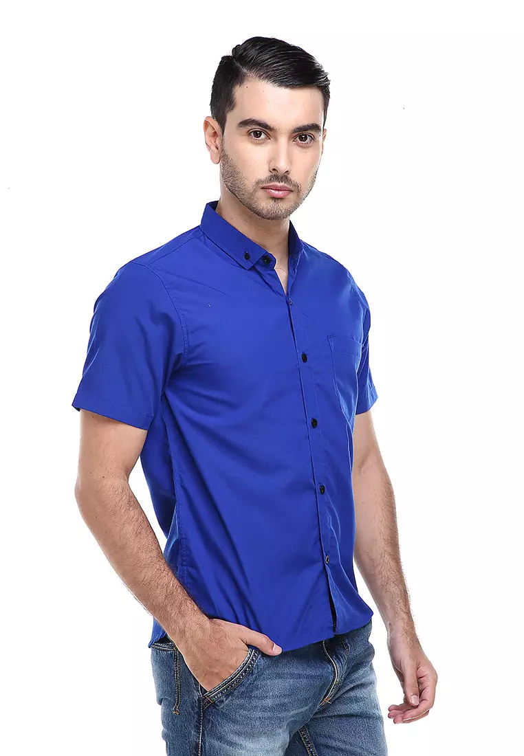 Dwan Casual Shirt Kemeja Polos Pria Lengan Pendek Kasual Formal Material Cotton ORIGINAL - Blue