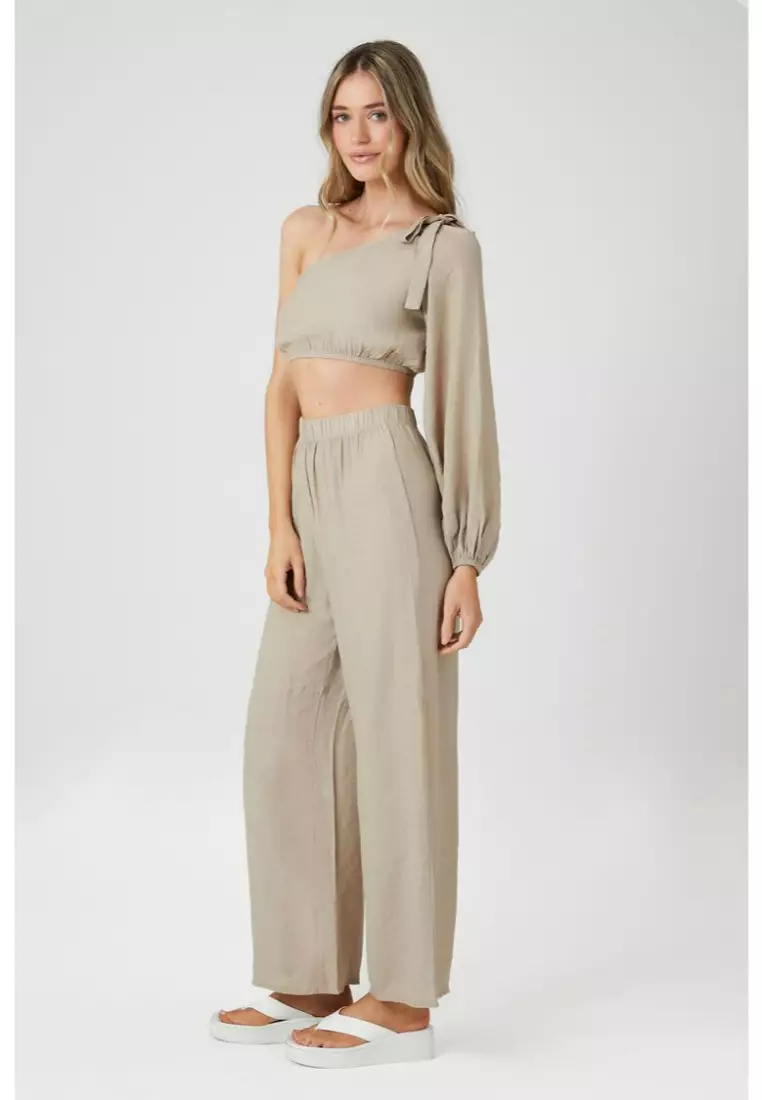 Tie Shoulder Smocked Crop Top and Wide Leg Pants Set