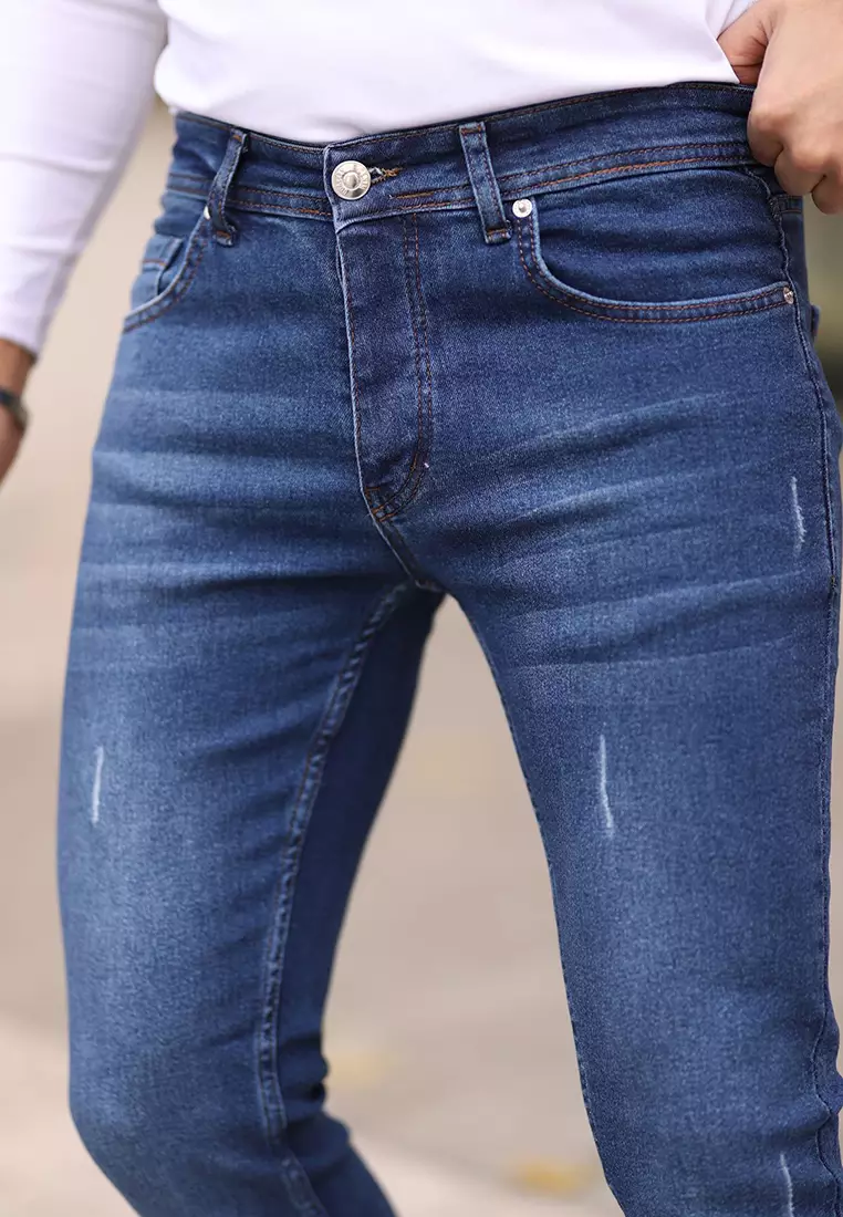 Navy Blue Skinny Ribbed Jeans TMNAW25JE00013