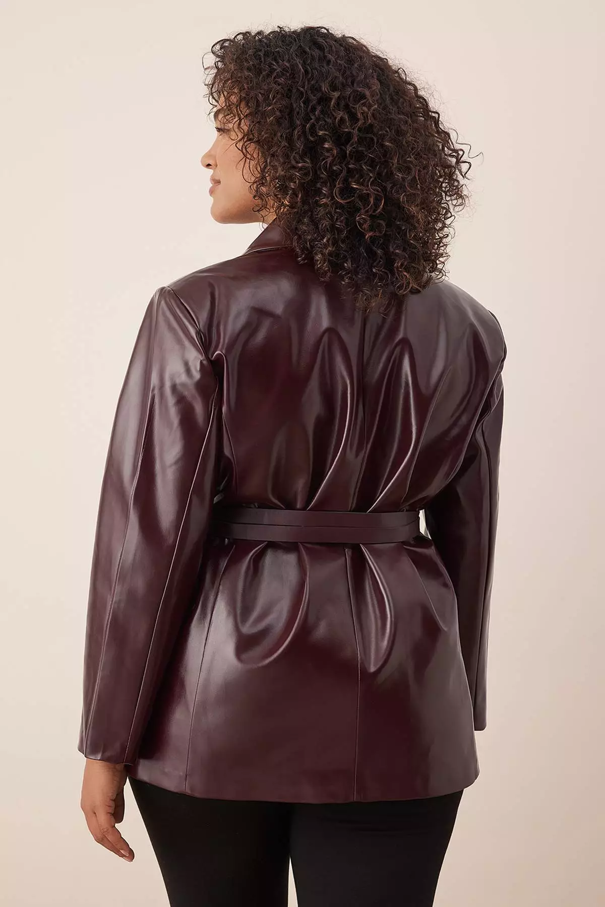 Burgundy Belted Double Breasted Closure Faux Leather Blazer Jacket Tbbaw26Ag00041